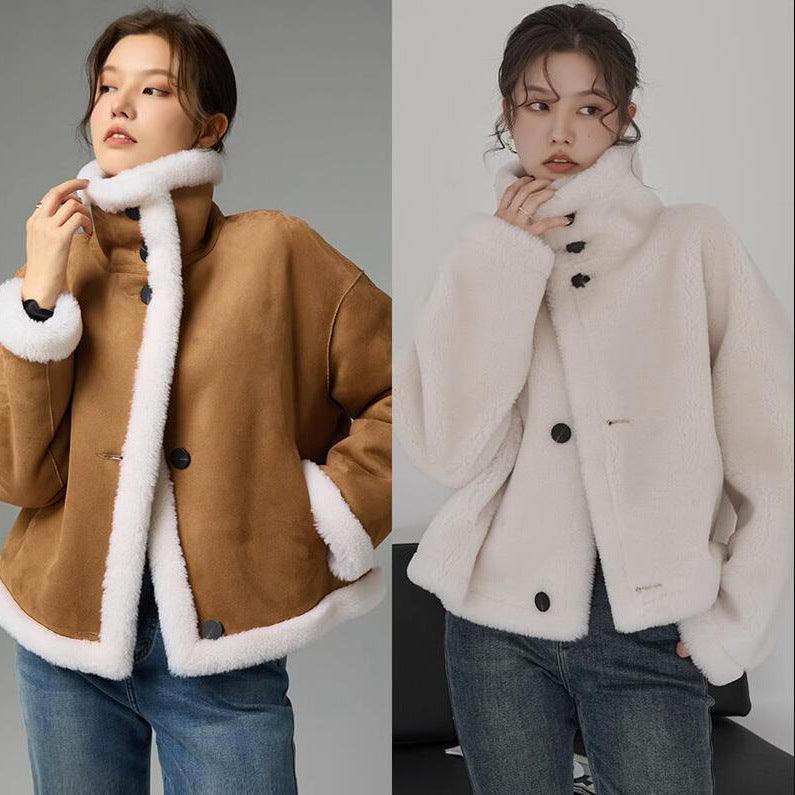 Winter thickened velvet coat in brown with white plush sherpa trim and button front