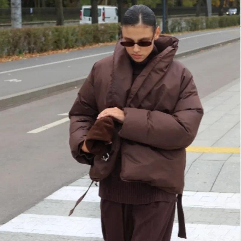 Thermal puffer coat, brown, stand-up collar, belted waist