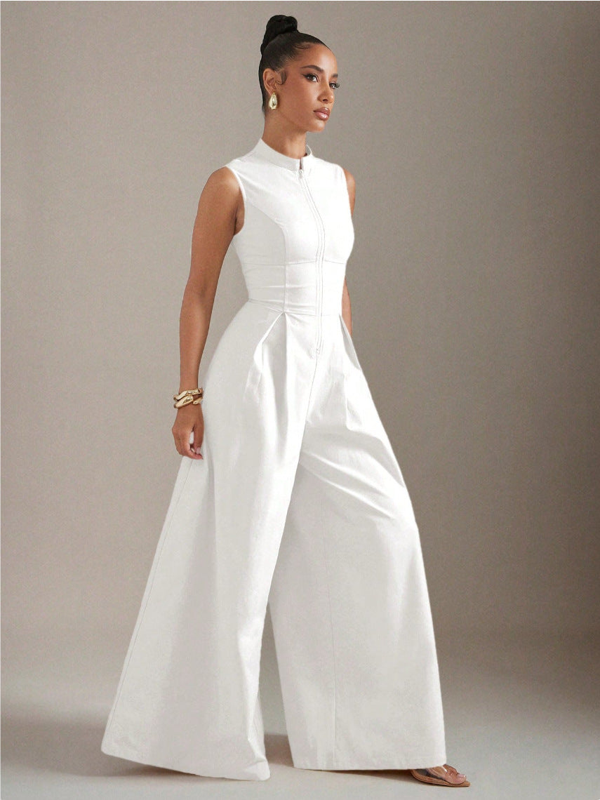 Sleeveless zip-up wide-leg dress in white, fitted bodice and full skirt