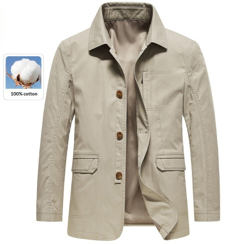 Men's button-up casual jacket in beige with stand collar, button placket, flap pockets.