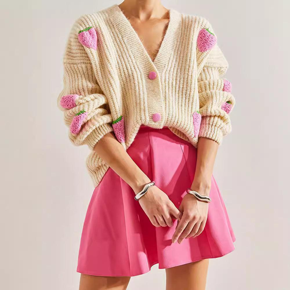 Sweet V-neck Beige Decorative Cardigan Sweater - WOMONA.COM