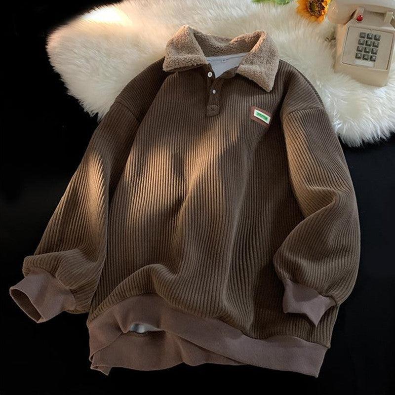 Men's fleece-lined corduroy polo sweater, brown with fuzzy collar lining and button placket