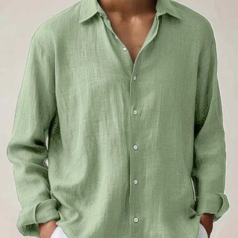 Men's long-sleeve button-up shirt, light green, collared with front buttons