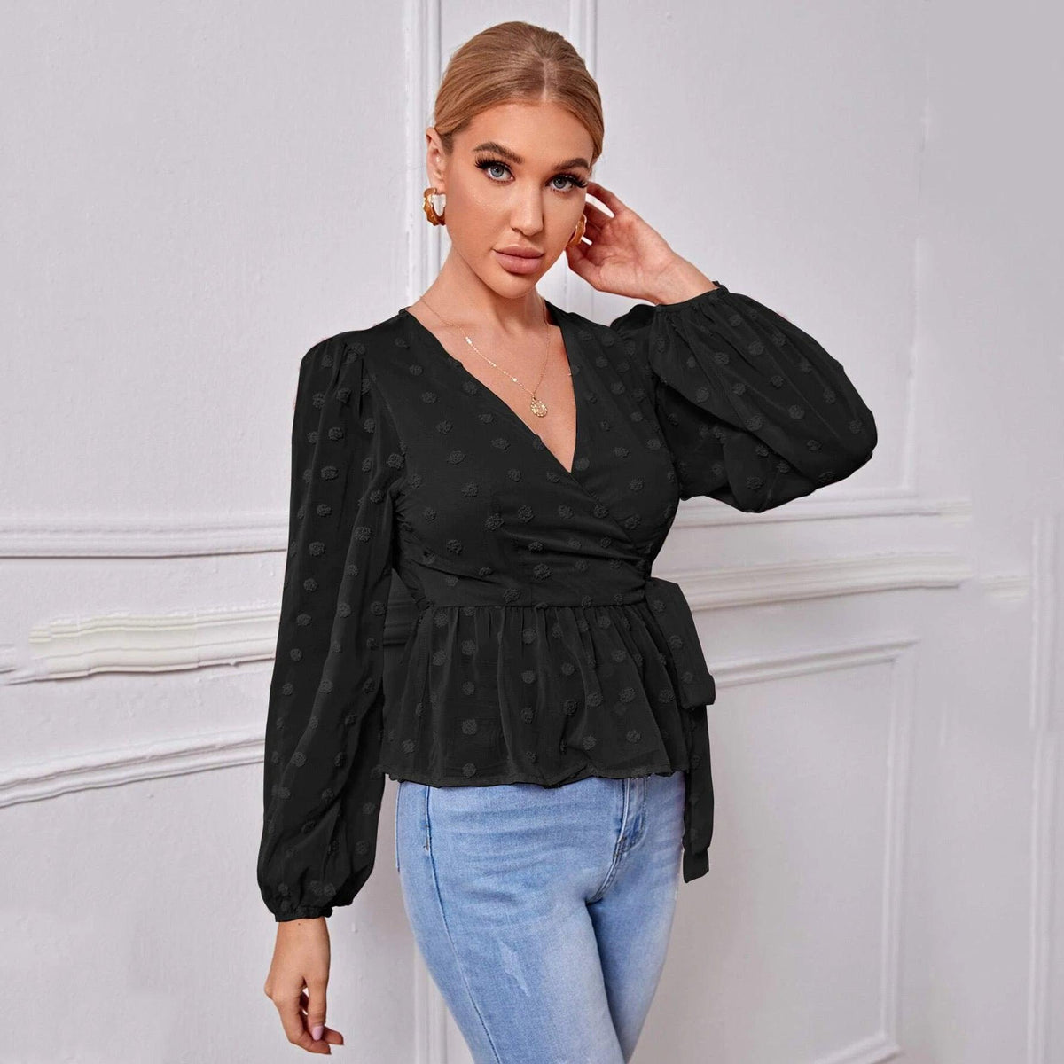 V-neck Slim-fit Light Mature Blouse Women - WOMONA.COM