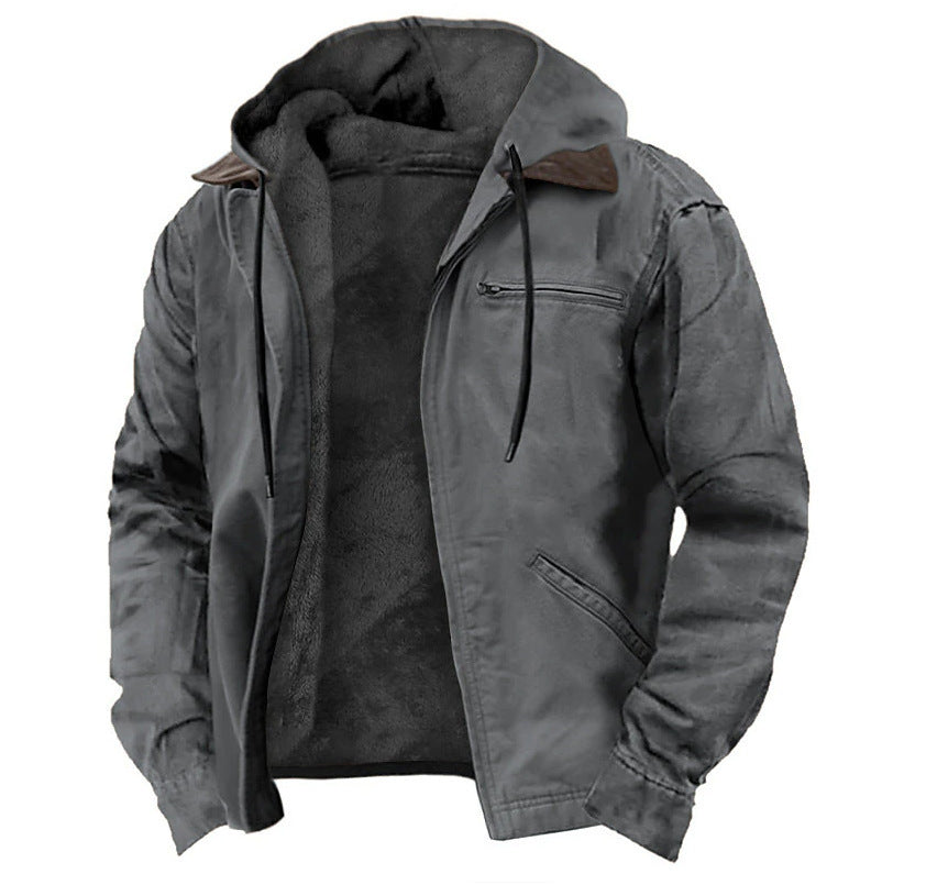 Men's long hooded zip-up pocket coat