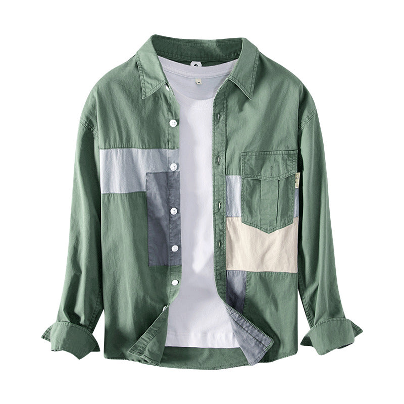 Men's Color-Block Cotton Workwear Overshirt, Green - product view 4