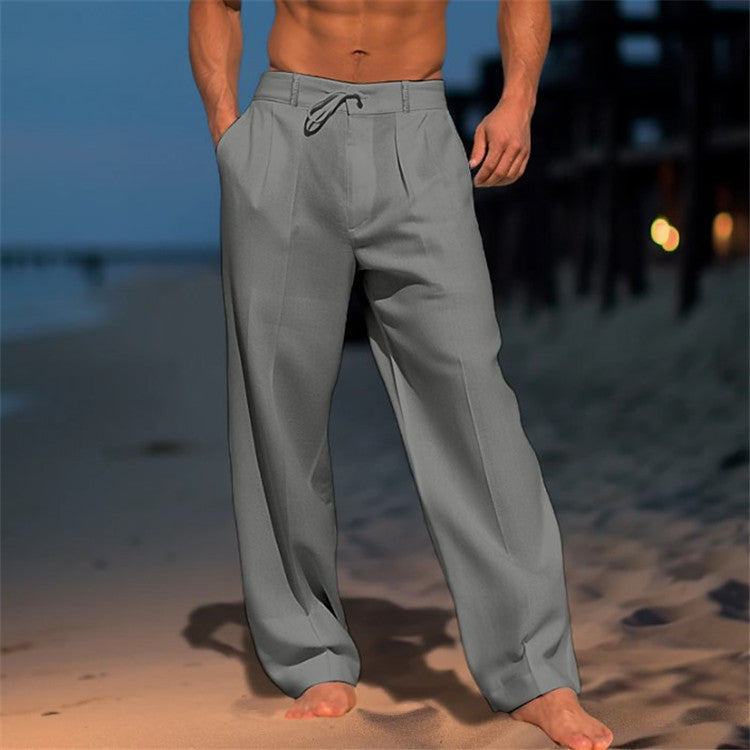 Men's gray drawstring lounge pants with elastic waistband and relaxed straight legs.