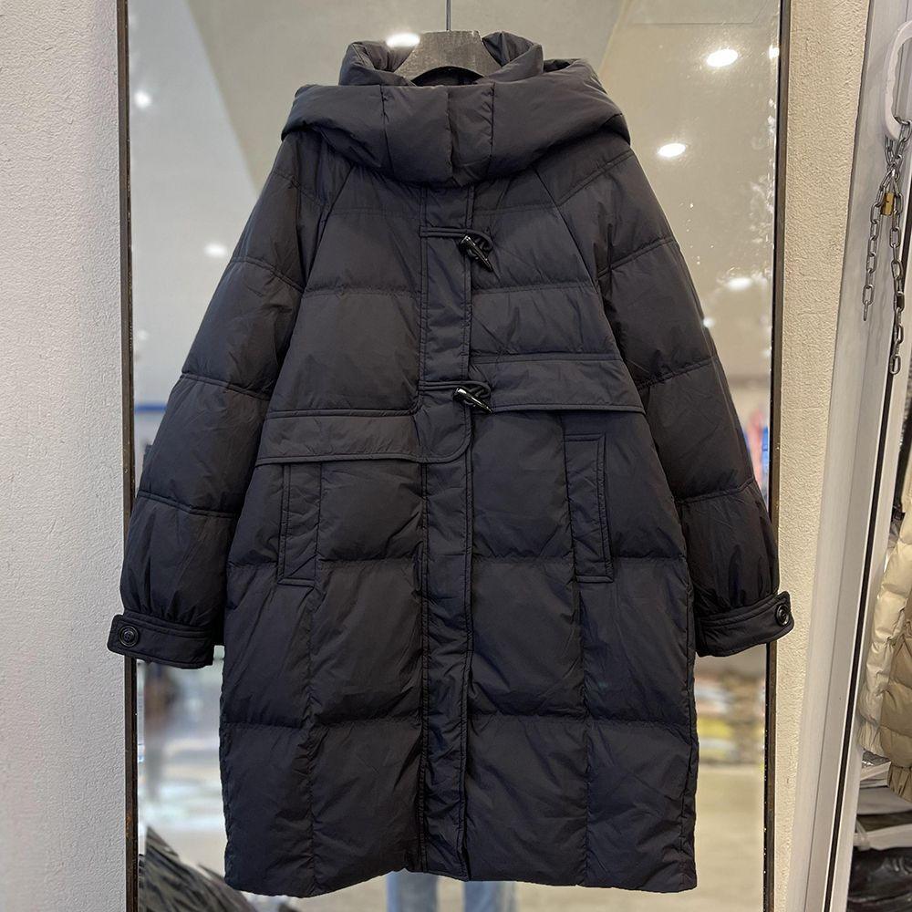 Women’s hooded long puffer down jacket in dark navy, front zipper and padded hood