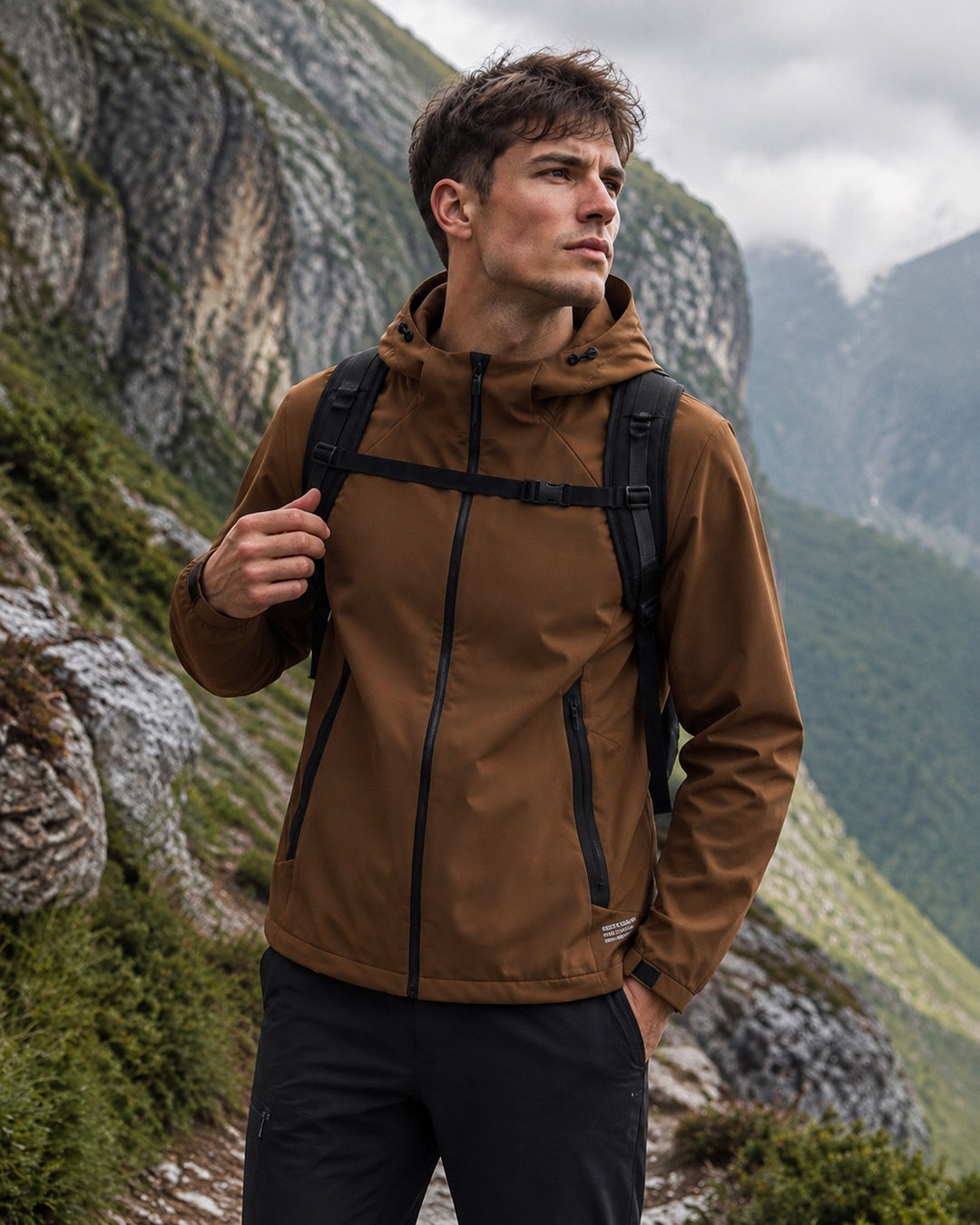 Men's brown hooded jacket with full zip and drawstring cuffs