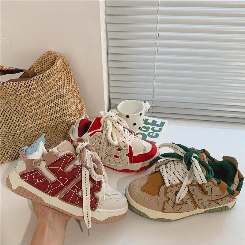 Women's casual sneakers set with red-and-white high tops and tan shoes with green laces