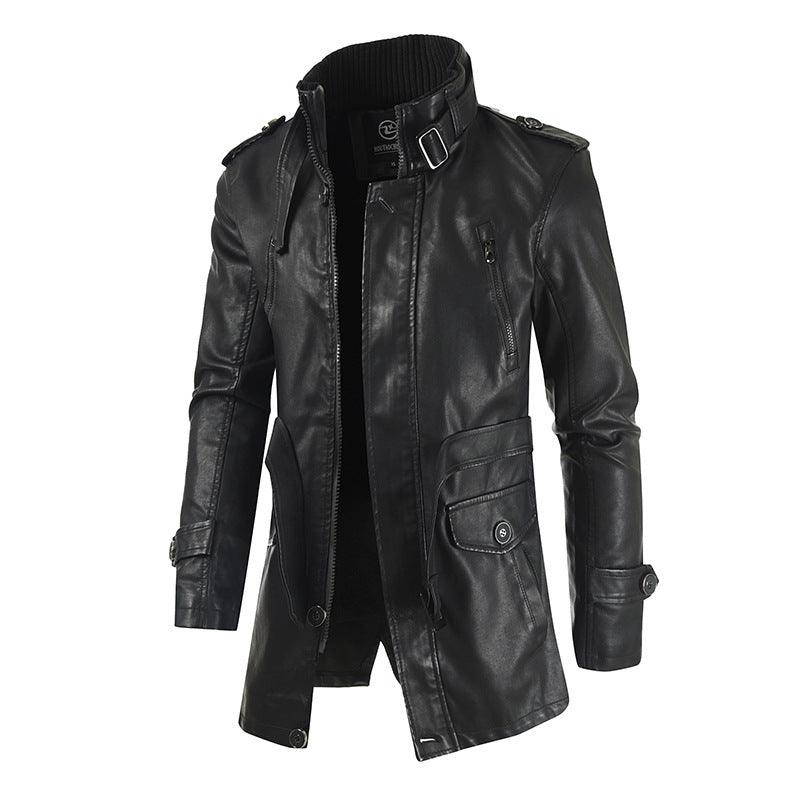 Black stand-collar leather coat with front zipper, chest zip, flap pockets, long sleeves