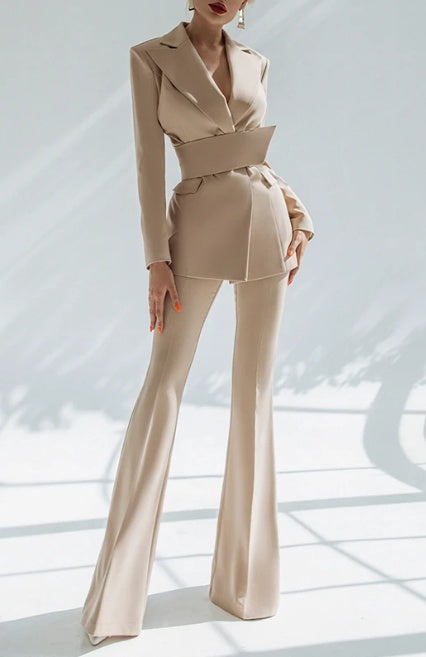 Women's Belted-Waist Lapel Two-Piece Suit