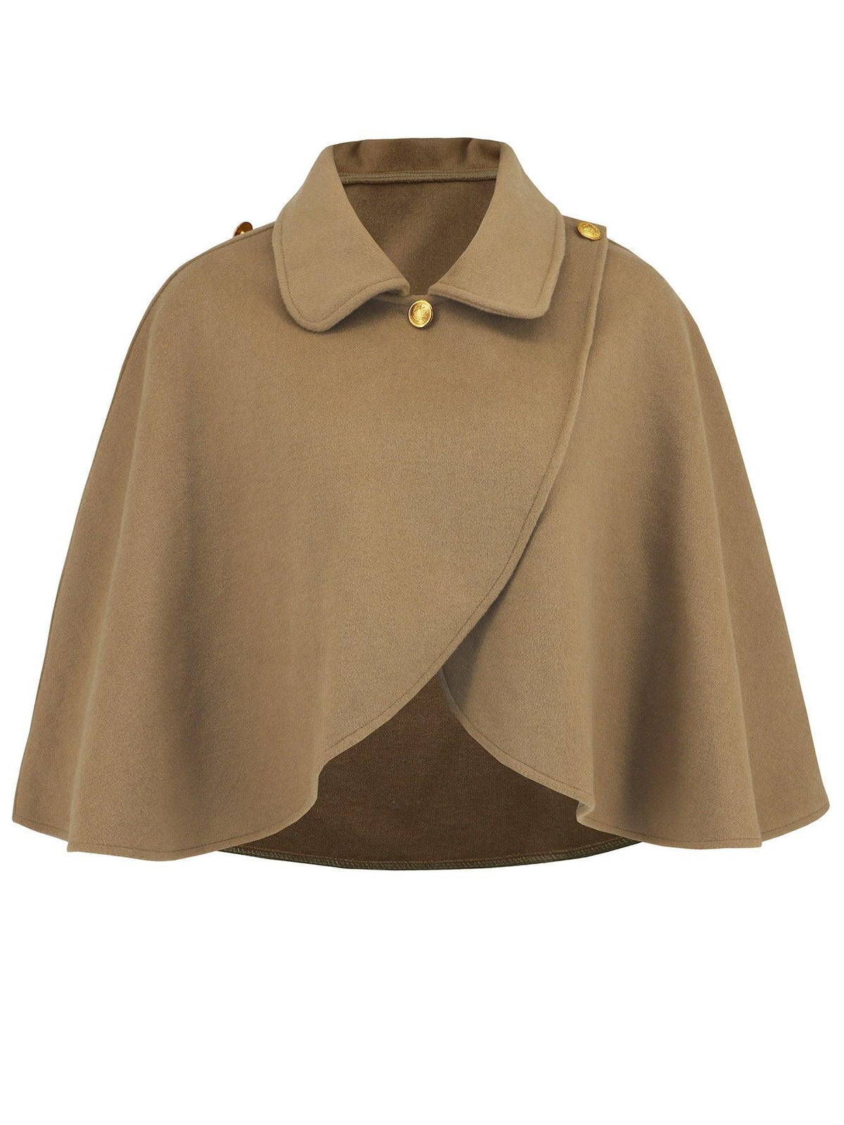 Khaki wool cape coat with large collar and gold button, diagonal wrap front