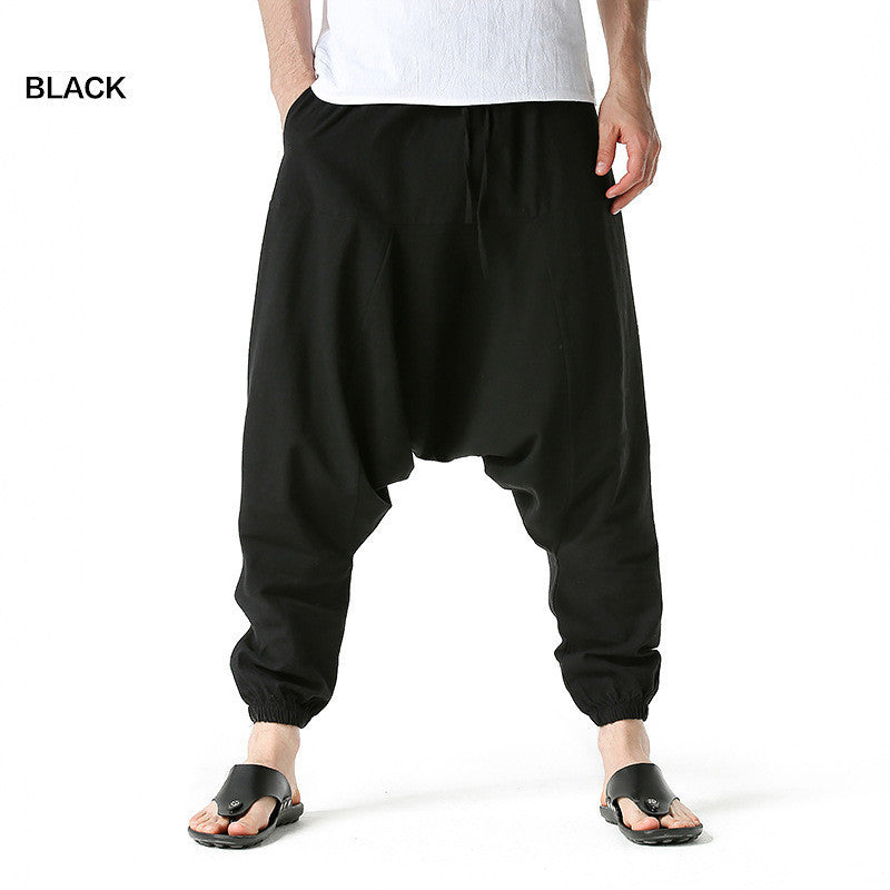 Men's loose flying squirrel pants, black, drawstring waist, elastic ankle cuffs
