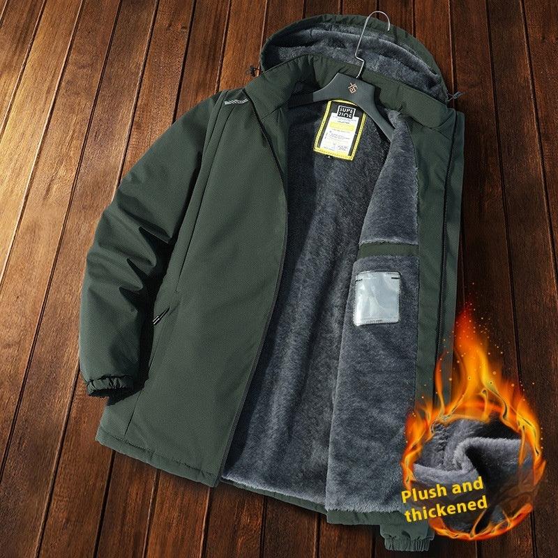 Men's thick winter coat with hood, zip front, and dark plush lining (army green)