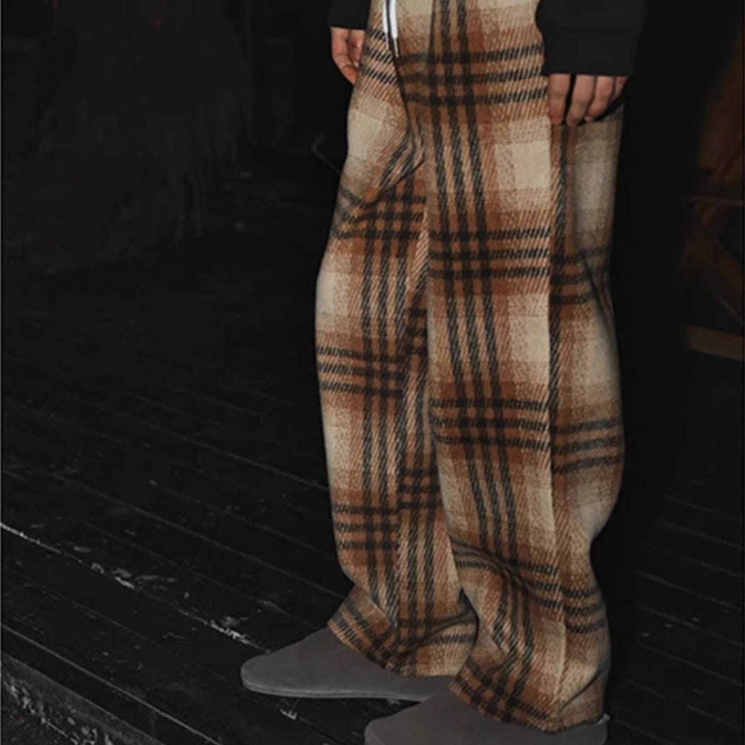 Men's straight plaid wool trousers in brown-and-cream with dark check lines
