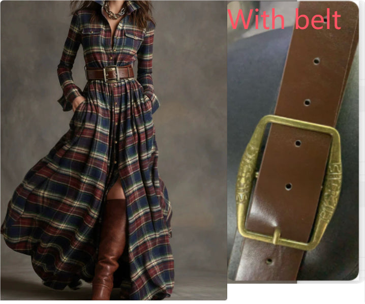 Women's plaid button-front long shirt dress