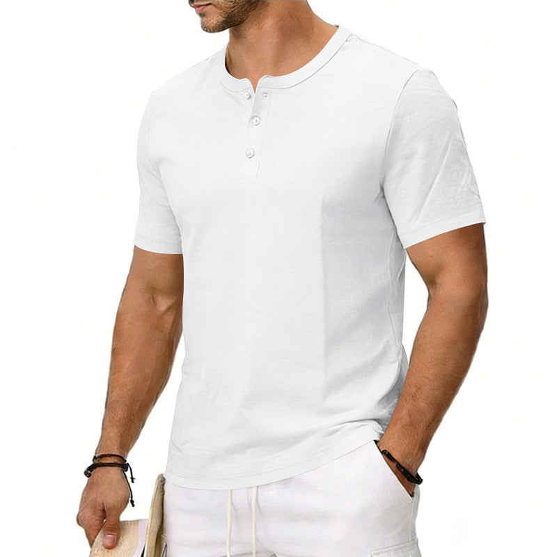 Men's white crew-neck henley T-shirt with short sleeves and button placket, side view