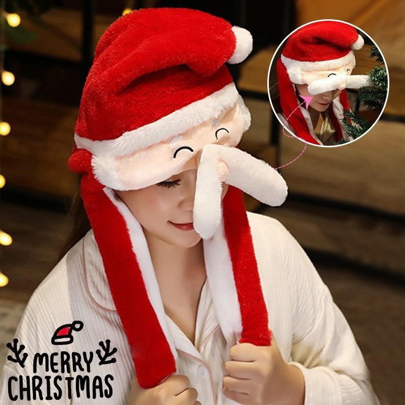 Plush Santa hat with red cap, white trim, and long white earmuffs and ties