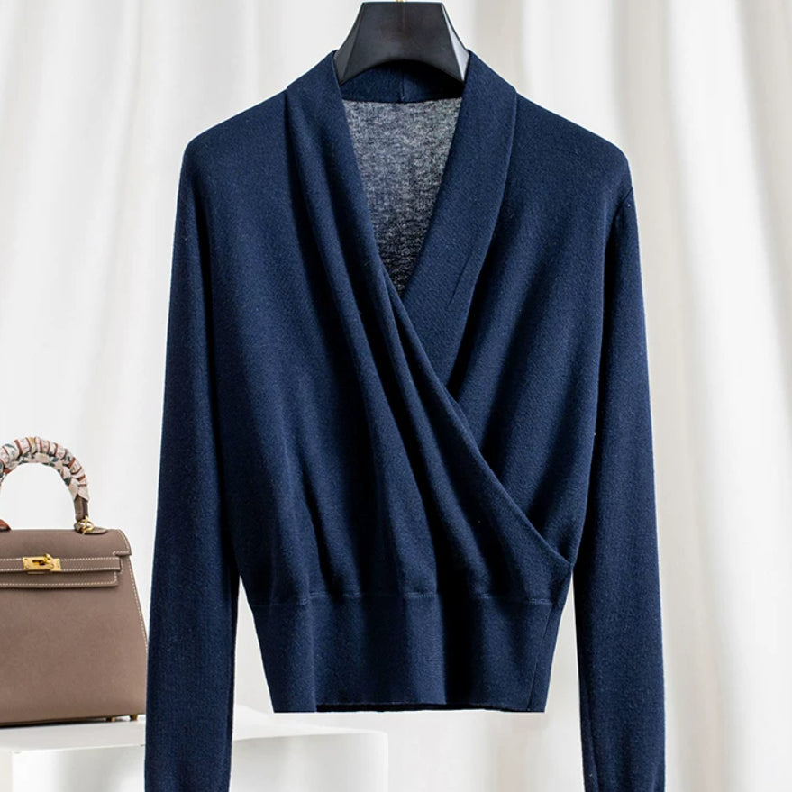Dark blue knitted long-sleeve top, V-neck with wrap-style overlap