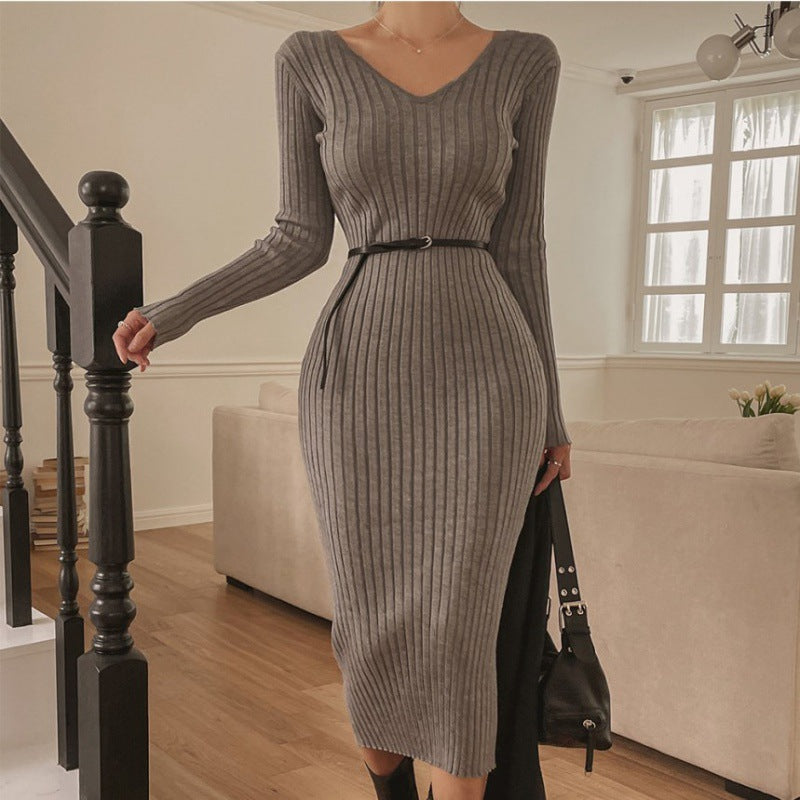 Retro Elegant V-neck Slim-fit Slimming Dress For Women - WOMONA.COM