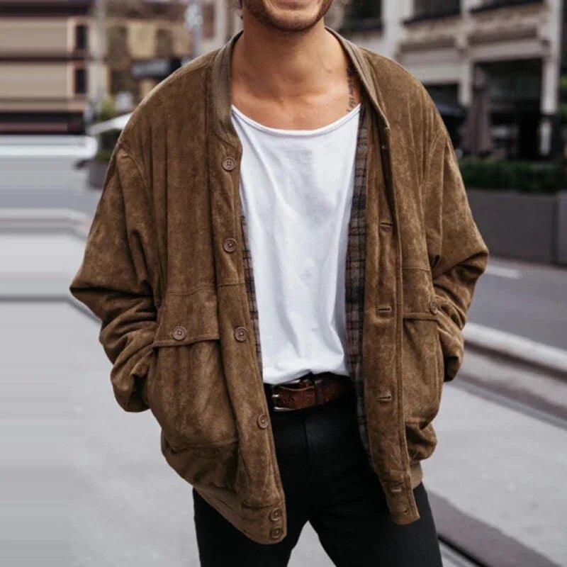 Dark brown men's casual jacket with button-front, stand collar, and long sleeves