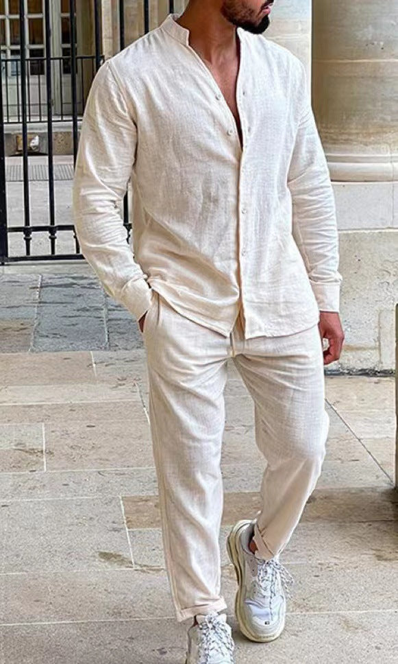 Men's linen-blend V-neck top and straight-leg pants set