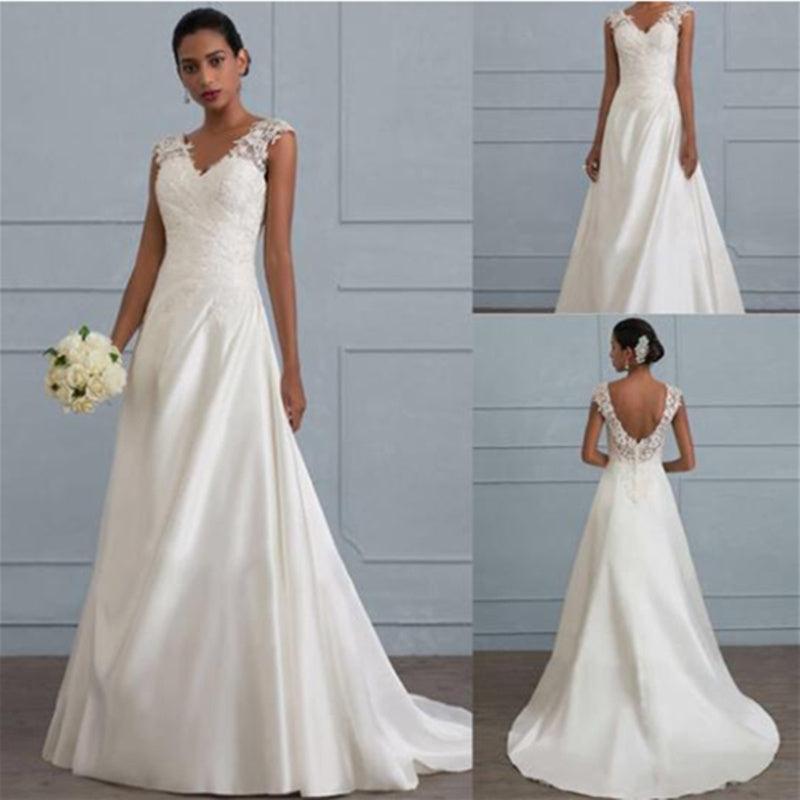 White lace bodice A-line evening dress with V-neck and cap sleeves, full skirt