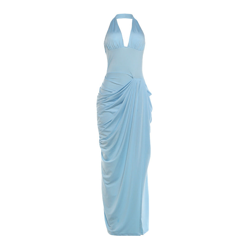 Light blue halter-neck sheath dress with draped front detail and high slit