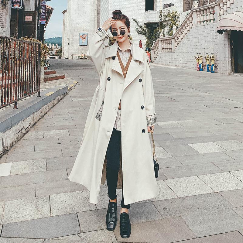 Light beige double-breasted patchwork plaid coat with long sleeves and buttons