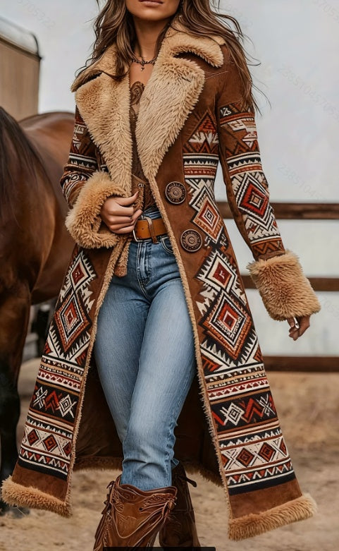 Women's wool overcoat, brown with aztec print and sherpa trim, long sleeves