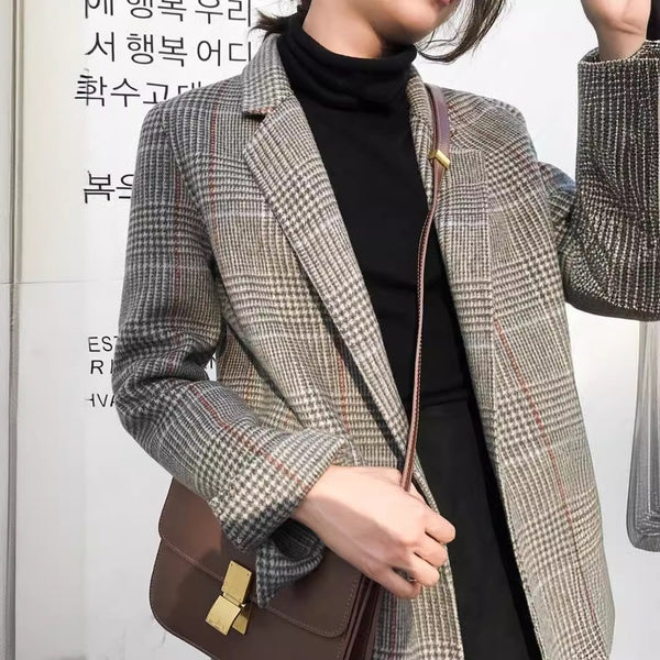 All-match Mid-length Woolen Plaid Suit