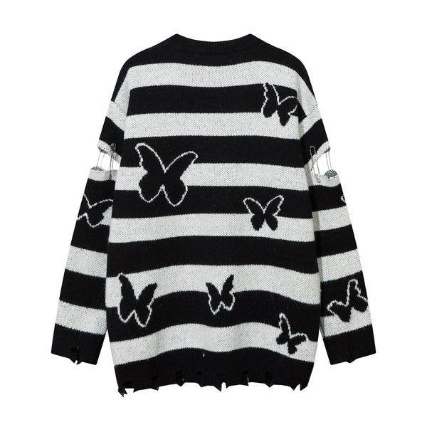 Striped Contrast Color Butterfly Round Neck Sweater - WOMONA.COM