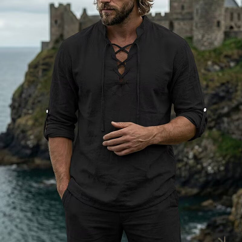 Men's black solid long-sleeve shirt with lace-up V-neck and tie-front detail