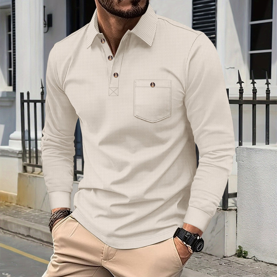 White waffle-knit button-down shirt with lapel, front buttons, and chest pocket
