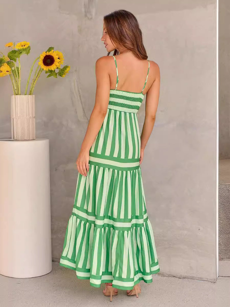 Summer Striped Printed Suspender Long Dress - WOMONA.COM