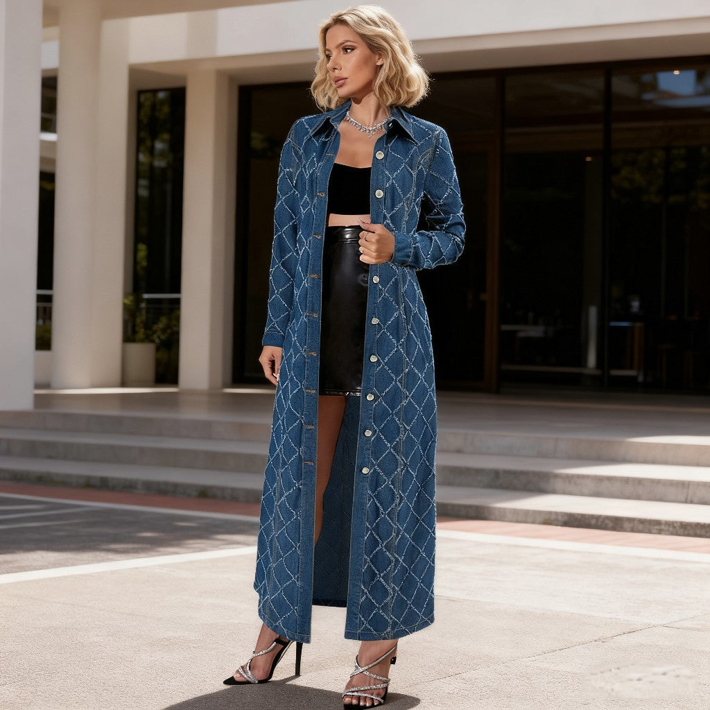 Women's Long Plaid Denim Fringe Cardigan Jacket