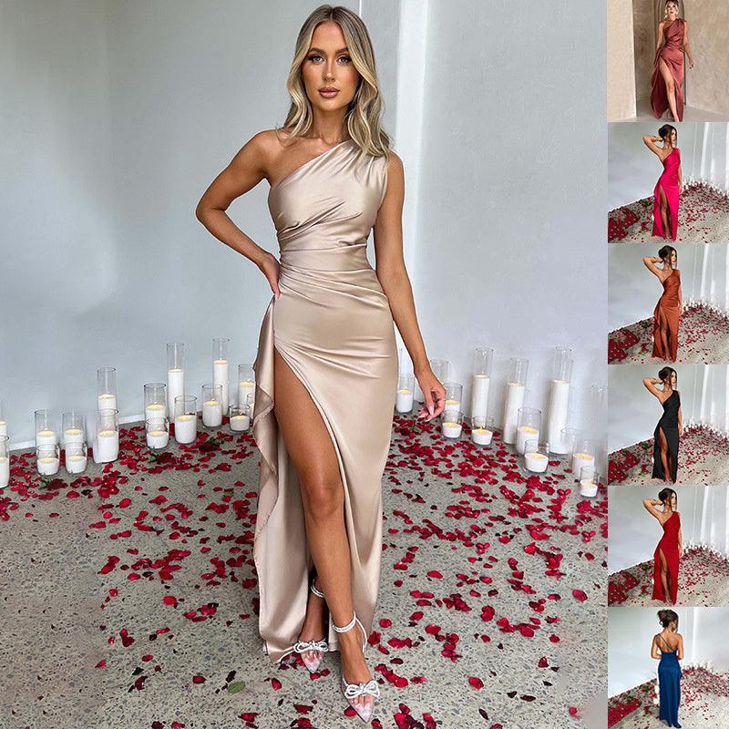 Champagne one-shoulder backless satin slit dress with draped side and open back