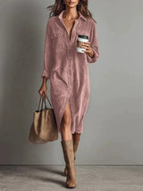 Turn-Down Collar Buttons Chic Casual Dress, Women Spring Autumn Solid Simple Party Dress, Long Sleeve Holiday Ladies Dress