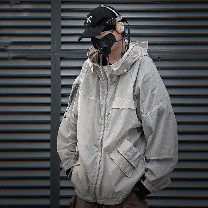 Men's hooded stand-collar coat in light gray, full-zip with front pockets and hood