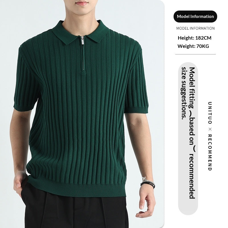 Ice silk T-shirt, dark green ribbed knit polo with short sleeves and zip collar
