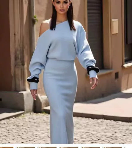 Women's off-shoulder long-sleeve knit maxi dress