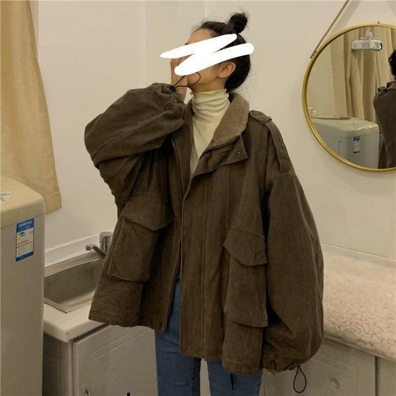 Women’s brown lamb wool corduroy coat with wide collar, button front, and flap pockets