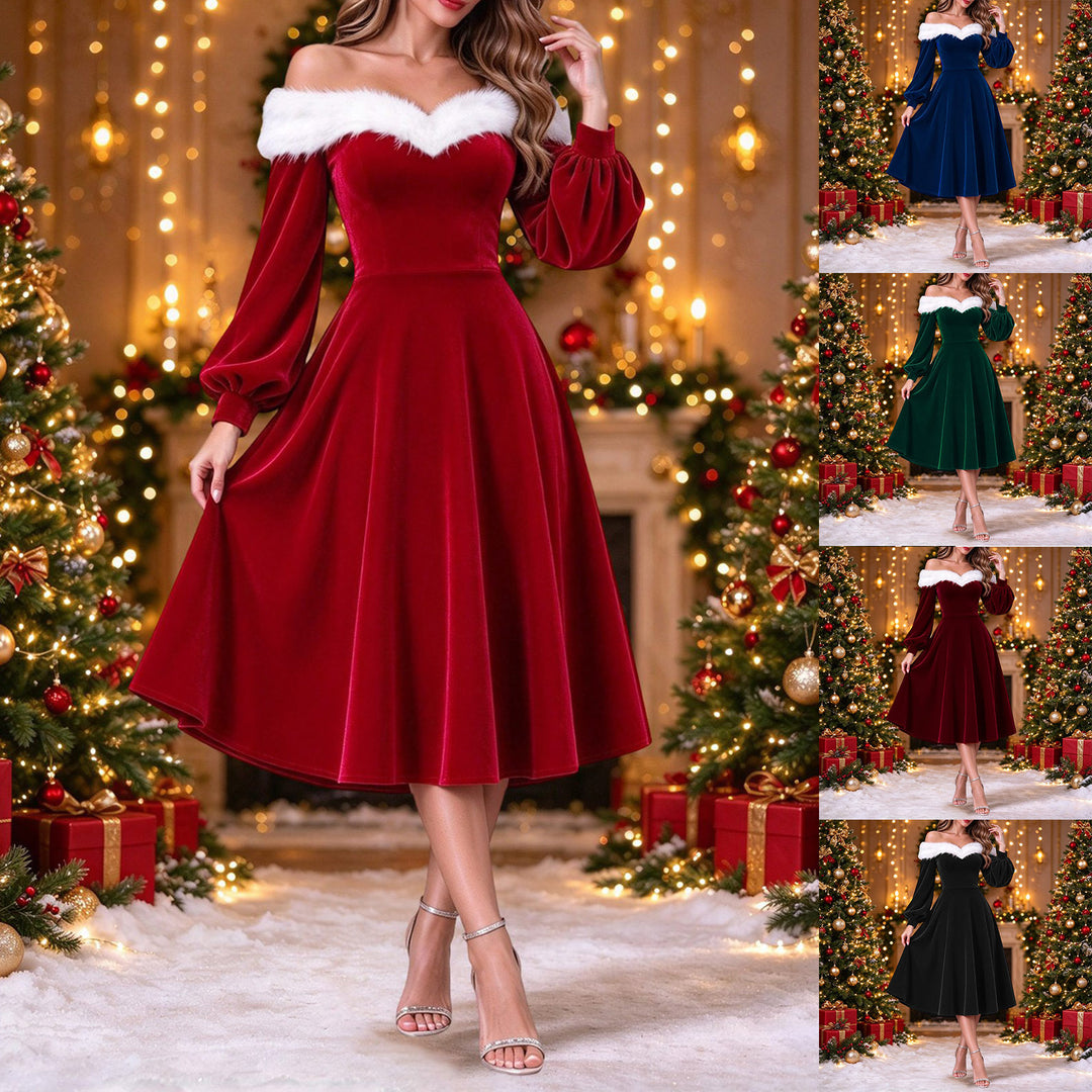 Women's off-shoulder velvet midi dress with white collar