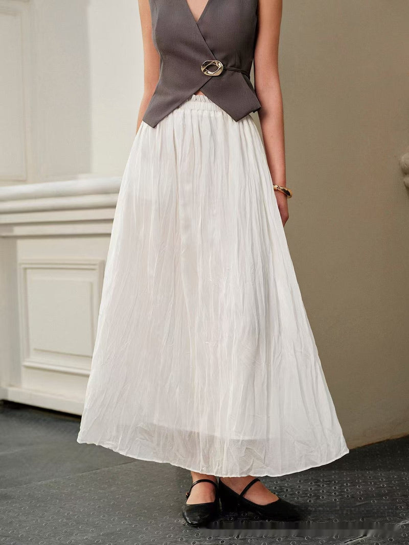 Elastic Waist A- Line Dress White Pleated Casual Skirt