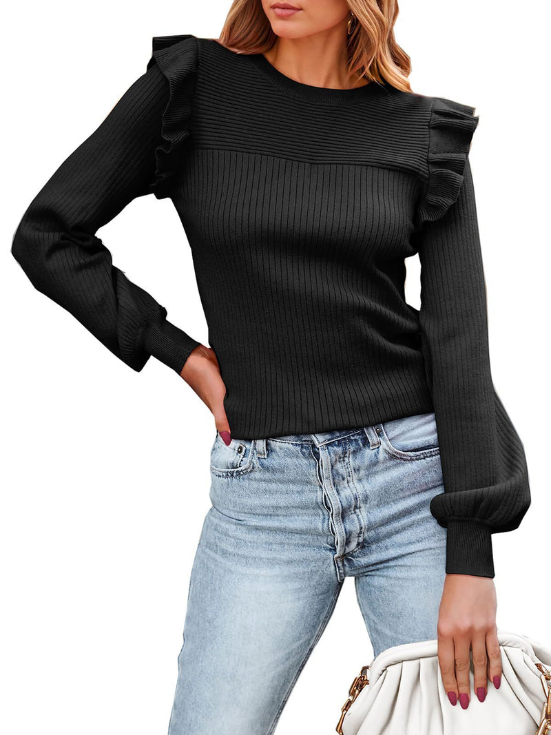 Ruffled Shoulder Long Sleeve Round Neck Slim Rib Knitted Sweater - WOMONA.COM