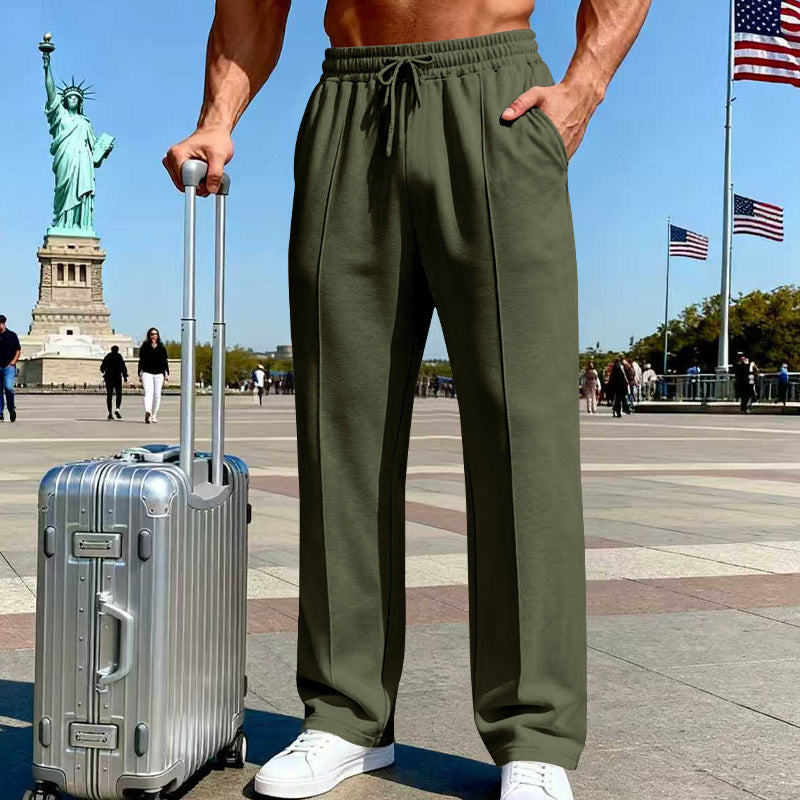 Men's knit casual straight-leg pants, army green, elastic waistband with drawstring