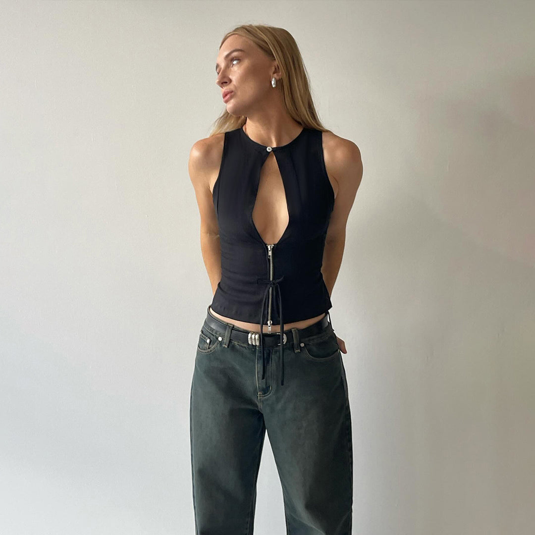Black western-style plunging tank top with halter straps and front zipper