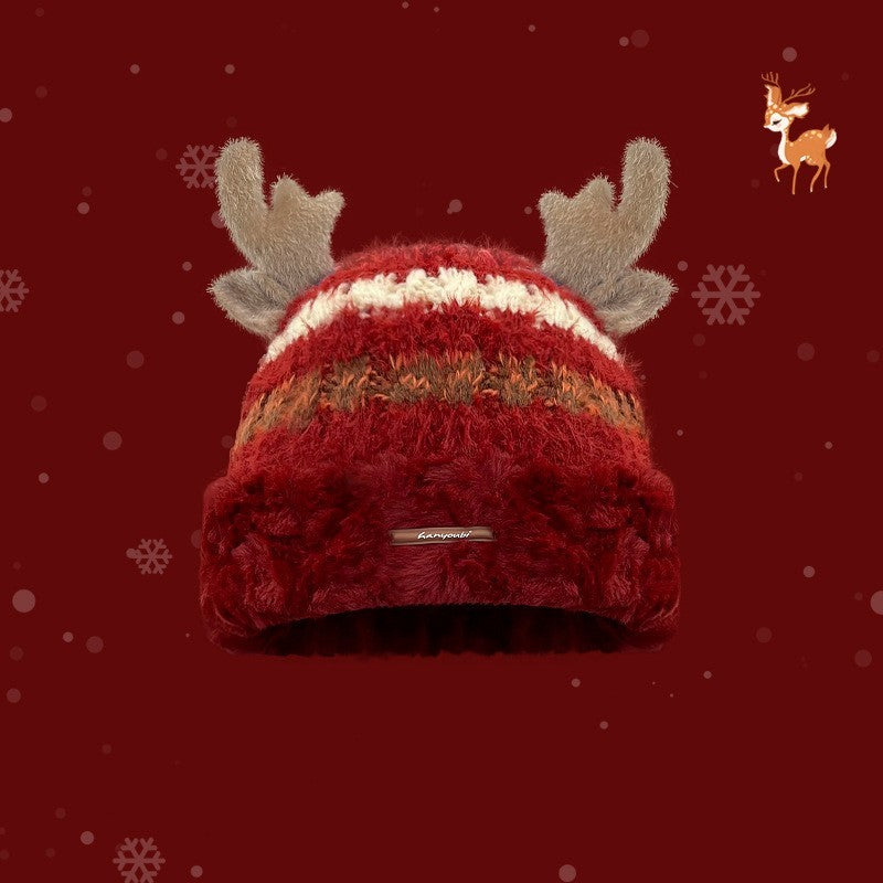 Gorro de punto navideño con linda cornamenta de ciervo, gorro grueso y cálido de invierno para niñas y mujeres