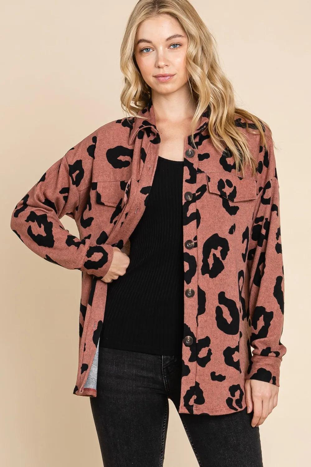 Brick leopard print knit shacket with button front, collar, and long sleeves